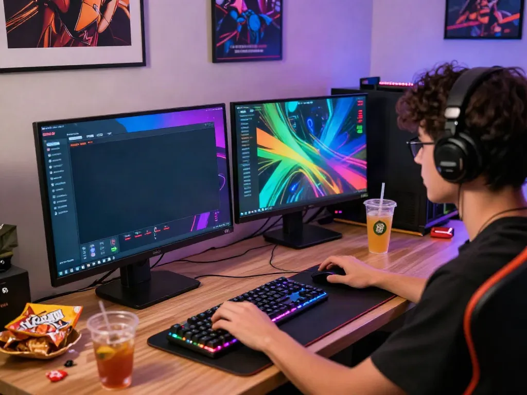 Engaging scene of online togel online gaming enthusiast surrounded by vibrant gaming accessories and screens displaying results.
