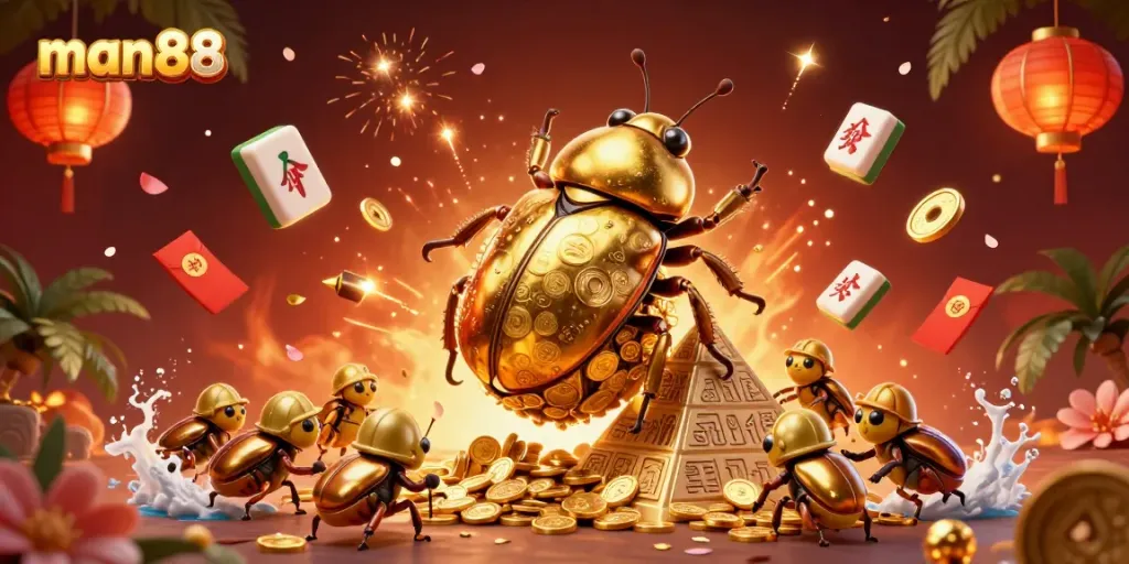 Experience thrilling casino adventures with man88 in this vibrant, ultra-detailed 3D illustration featuring golden coin beetles and festive symbols.