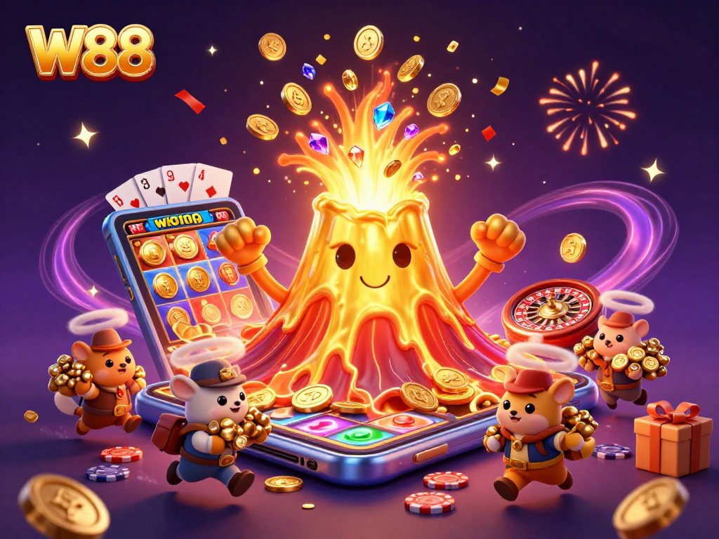 W88 features a triumphant golden volcano erupting coins, symbols of luck and treasure.