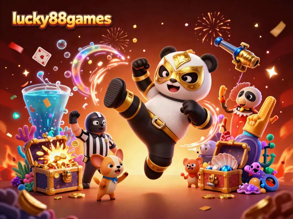 Engaging scene illustrating lucky88games with a wrestling panda, energetic crowd, and casino elements