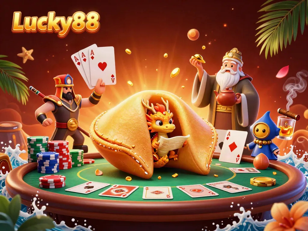 Join the fun at Lucky88 with a dazzling scene of a golden fortune cookie surrounded by poker elements.