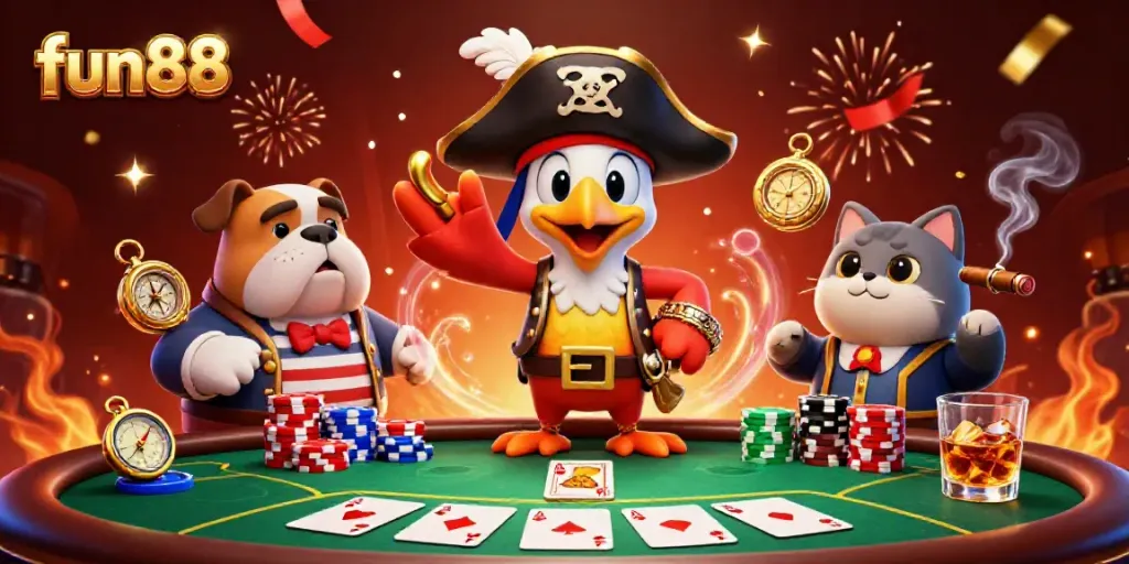 Action-packed fun88 scene with a pirate captain, bulldog, and cat betting at a poker table.
