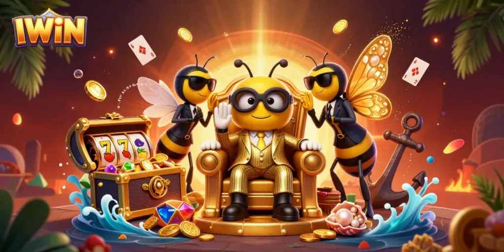 IWIN features a vibrant 3D casino scene with a bumblebee mob boss and gaming elements.