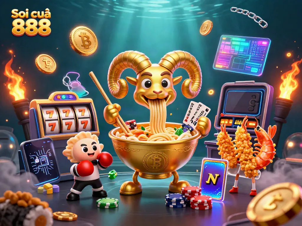 An engaging scene of Soi cầu 888 featuring a golden ramen bowl and dynamic casino elements.