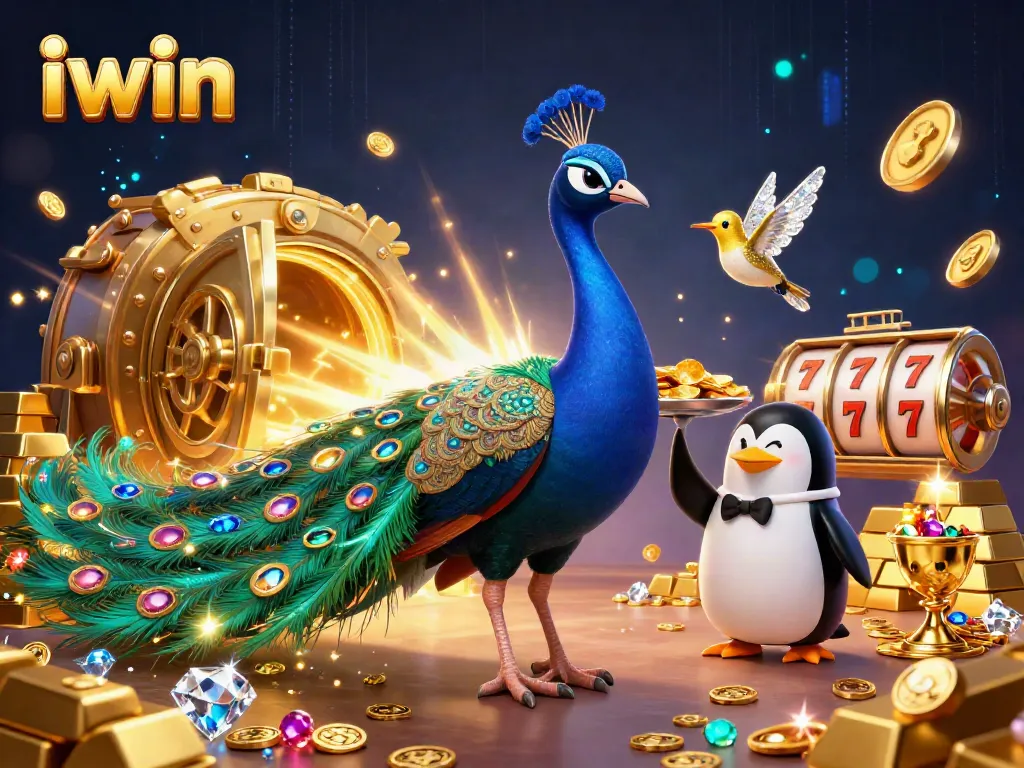 iwin-themed casino illustration featuring a peacock, a penguin butler, and a hummingbird surrounded by golden treasures