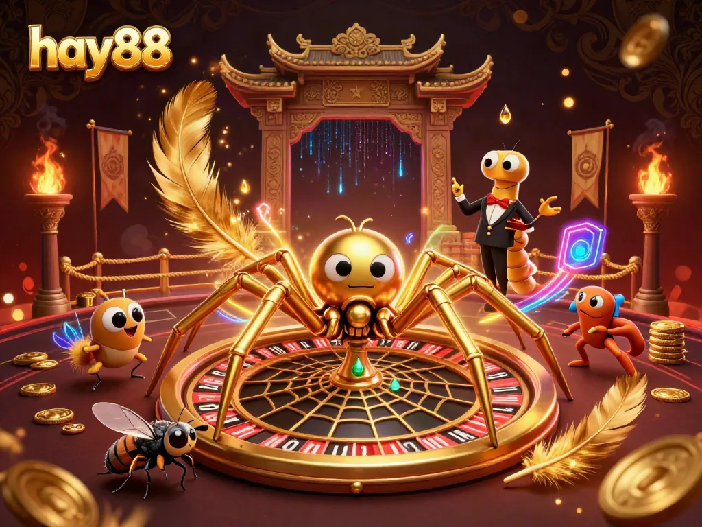Experience thrilling bets with hay88 at a vibrant 3D roulette scene, featuring a quirky spider and centipede croupier.