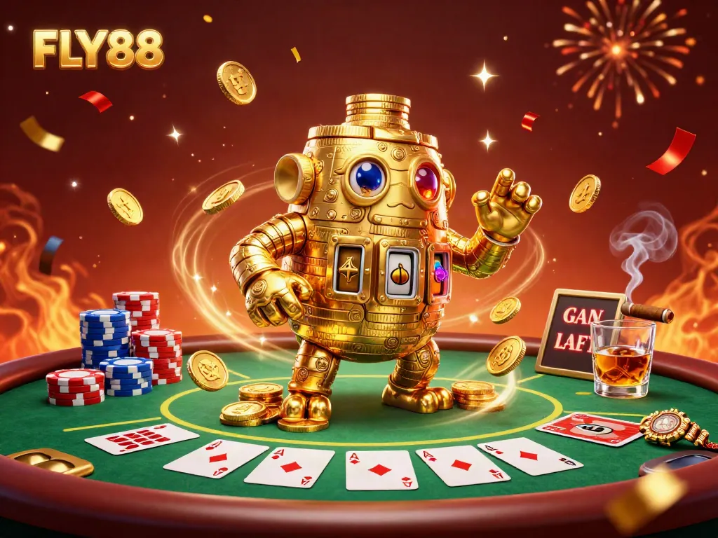 Engage with FLY88's thrilling excitement as a golden golem stands majestically among poker essentials.