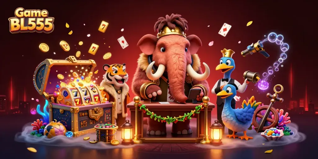 Experience thrilling wins with Game BL555: a vibrant casino scene featuring dynamic characters and exciting gaming elements.