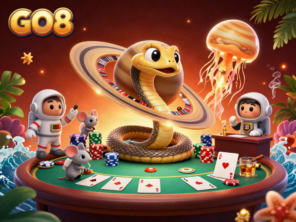 Place bets on the GO8 roulette rings with cosmic characters in this vibrant casino scene.