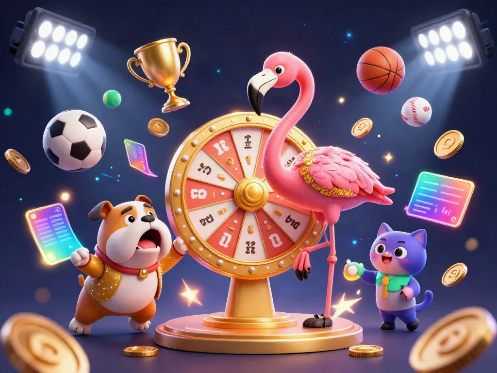 Exciting biolabet gaming scene featuring a flamingo host and bulldog contestant in a vibrant casino environment.