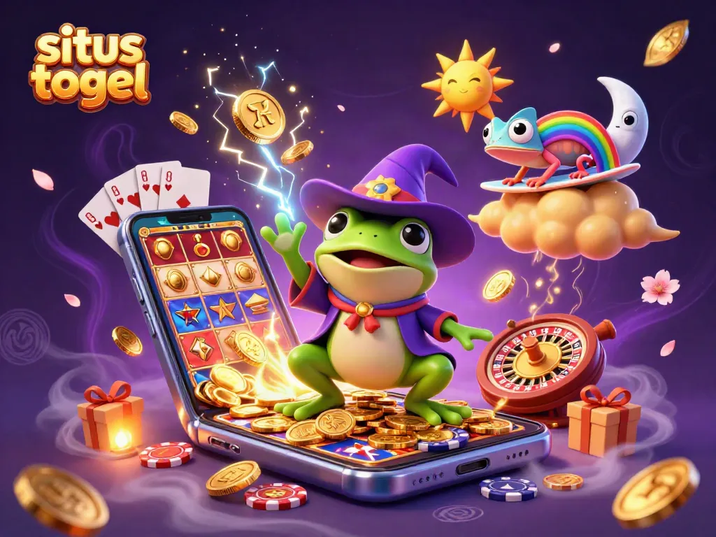 Engage in situs togel excitement with a magical storm of coins and vibrant characters in a casino-themed illustration.