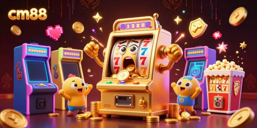 Jam-packed scene depicting cm88's golden slot machine celebrating a jackpot with cheering baby slot machines and gaming elements.