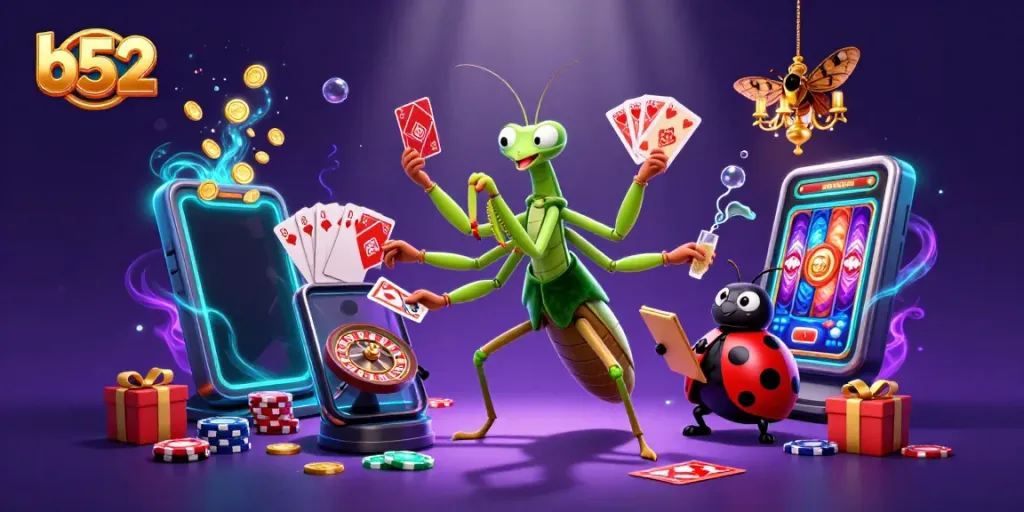 Experience the excitement of b52 with a lively 3D illustration of animated casino characters dealing cards and chips.
