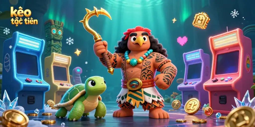 Experience kèo trực tuyến with vibrant 3D characters and dynamic gaming elements in a lively casino setting.