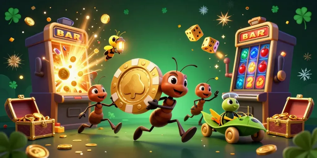 Experience thrilling adventures at fly88 with a team of ants carrying a massive poker chip through a dynamic casino scene