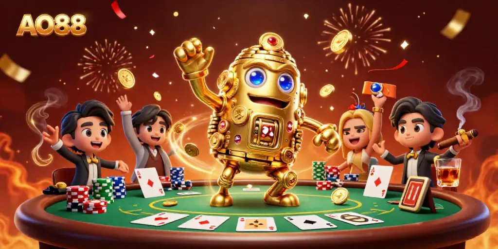 Engage with AO88 as the golden golem stacks coins amidst a vibrant poker scene, showcasing luck and excitement.