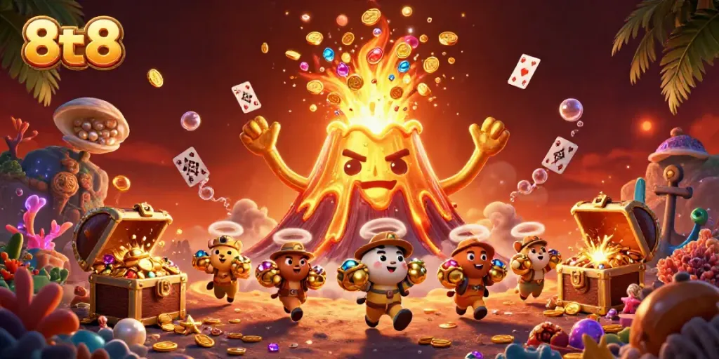 Join the excitement of 8tt8 as a golden volcano rains treasure and adventure in an explosive gaming scene.