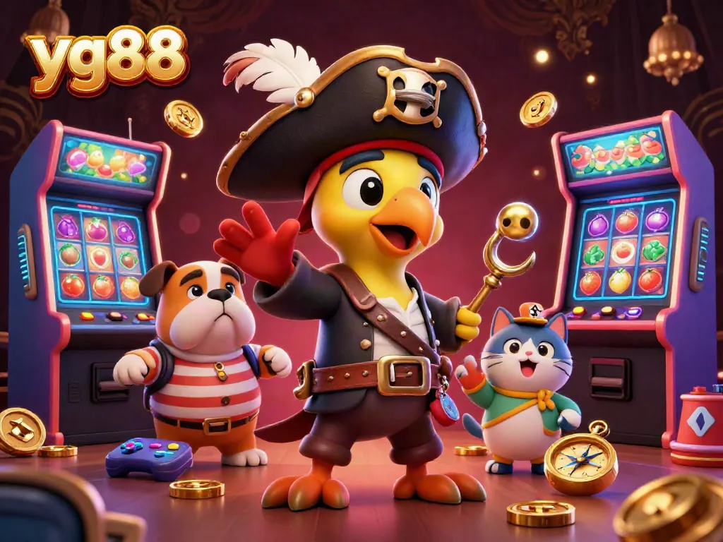 Catch the excitement of gaming at yg88 as a pirate, bulldog, and cat engage with colorful casino elements.