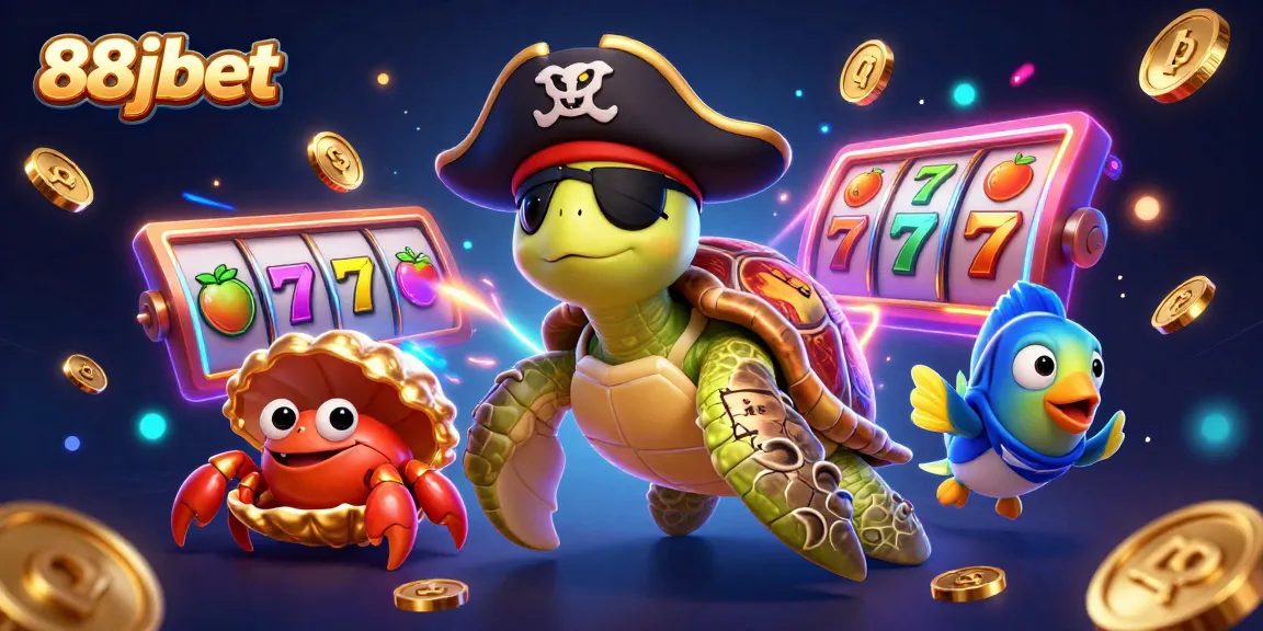Engage with 88jbet's vibrant casino scene featuring a fun pirate turtle and slots elements.