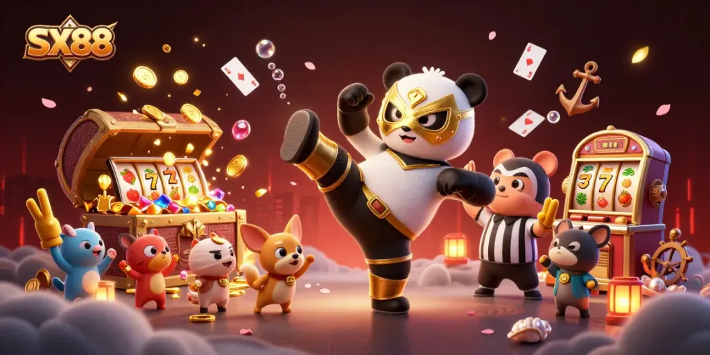 SX88 casino scene with a wrestling panda, referee chihuahua, and vibrant slots and cards.
