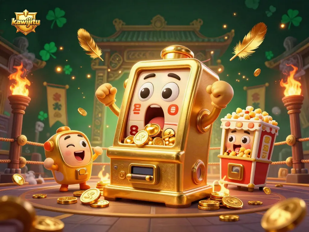 Kawijitu menghadirkan mesin slot emas kartun yang terkejut menyaksikan jackpot-nya dengan uang koin berhamburan, dikelilingi oleh elemen kasino lainnya.