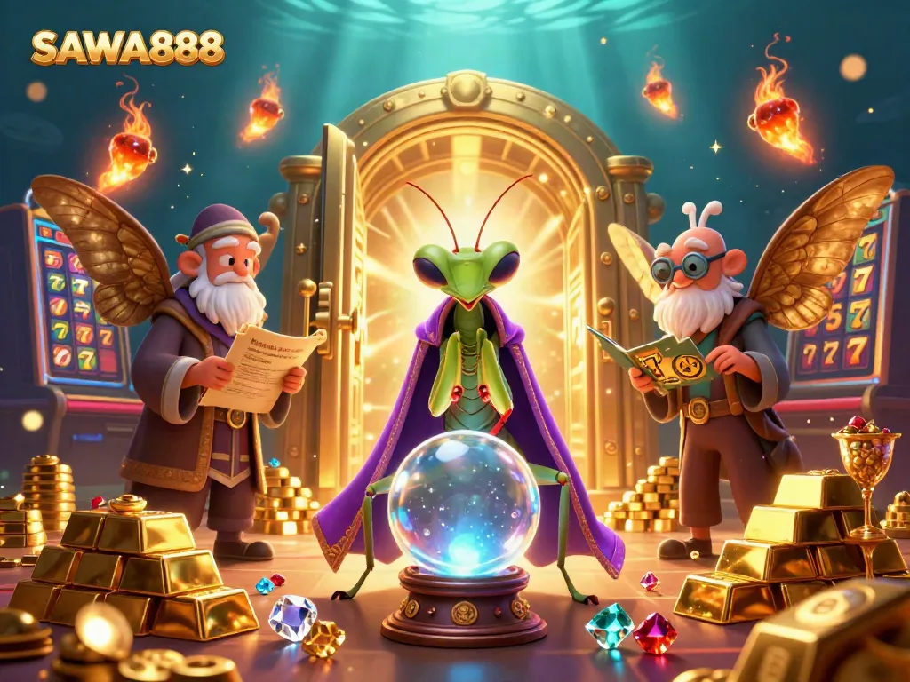 SAWA888 reveals treasures with a mystical fortune teller scene in a captivating casino setting.