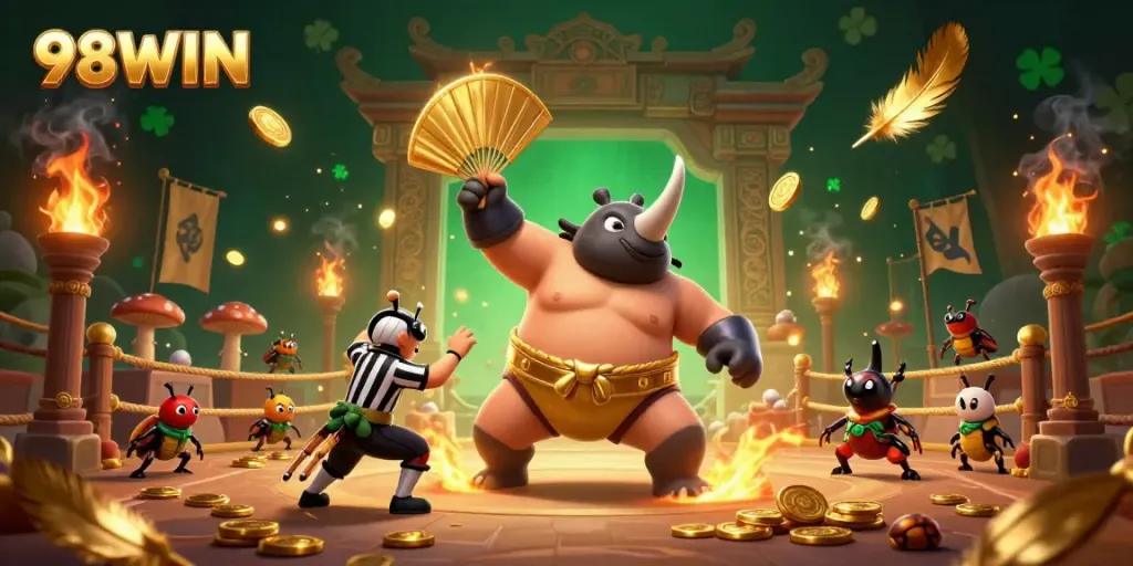 Experience the excitement of 98WIN with a vibrant battle scene featuring a beetle champion, enriched with golden coins and casino elements.