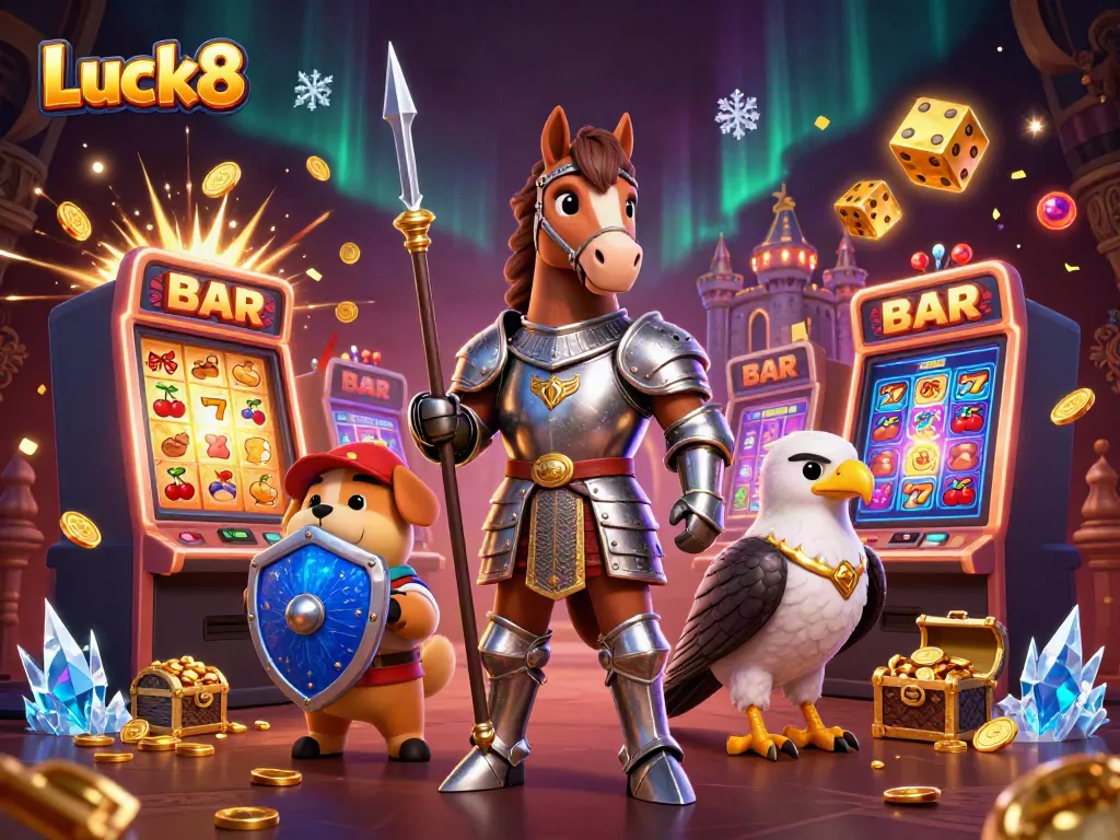 Experience exciting wins with Luck8 as characters enjoy dynamic casino action amidst vibrant symbols.