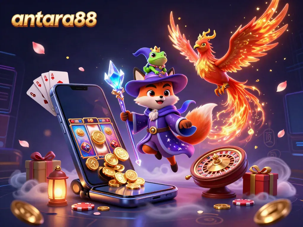 Experience gaming excitement with antara88 featuring a mystical wizard fox and phoenix in a vibrant 3D casino scene