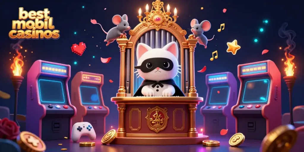 Experience thrilling wins at the best mobile casinos, featuring a whimsical casino scene with vibrant characters.