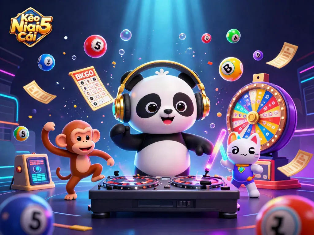 Kèo Nhà Cái 5 showcases an energetic casino-themed scene with a DJ panda, dancing monkey, and rave kitten amidst vibrant game elements.
