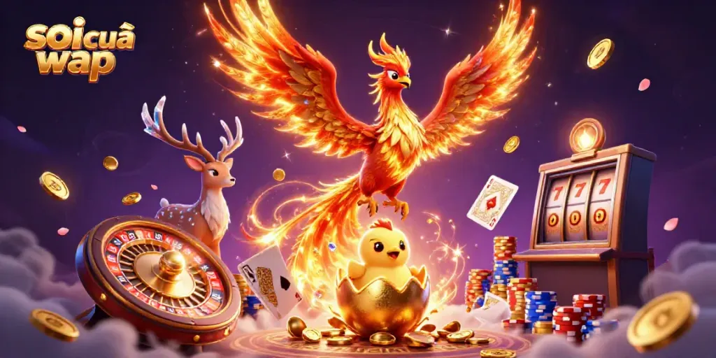 Soi cầu wap illustrated with a fiery phoenix, symbols of luck, and casino elements