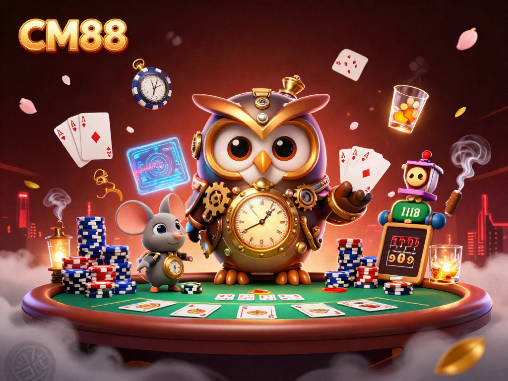 Experience the thrill of CM88 with a rich 3D casino illustration featuring poker elements and vibrant characters.