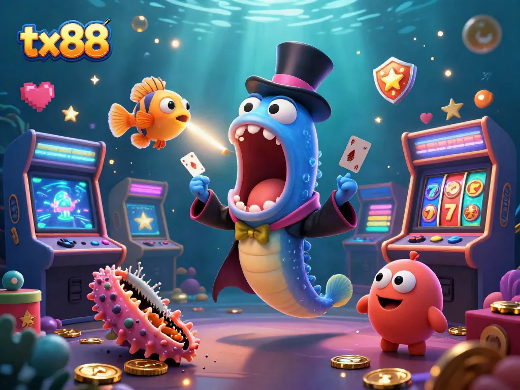 Engage in thrilling casino adventures with tx88, as a deep-sea gulper eel performs epic card tricks.
