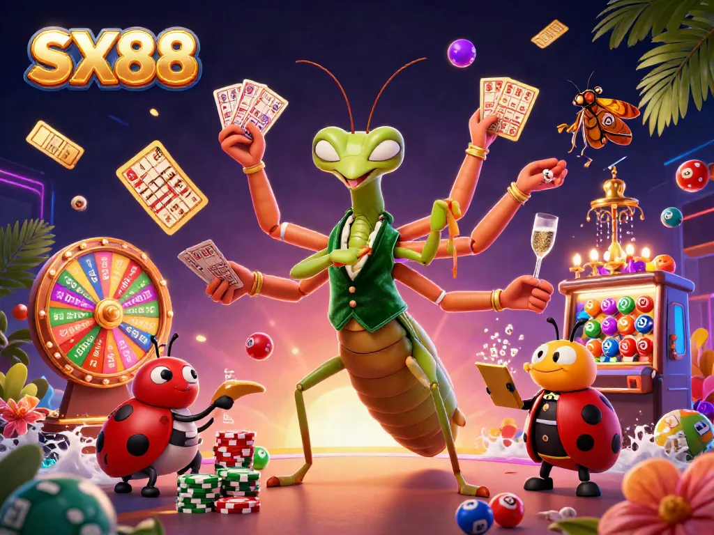 SX88 engages gamblers with a vivid illustration of casino fun featuring colorful elements and energetic characters.