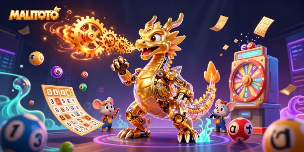 MALITOTO dragon breathing gears amidst colorful lottery elements in a festive casino illustration.