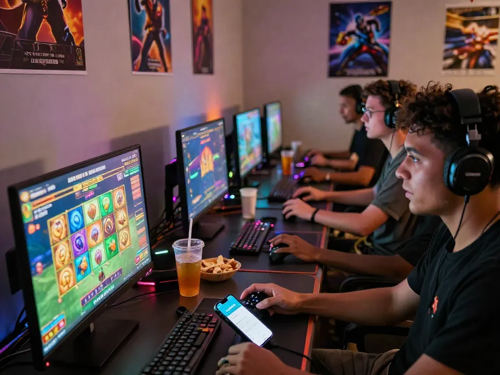 Friends enjoying an exciting lumbung88 online gaming session with vibrant graphics and dynamic atmosphere.