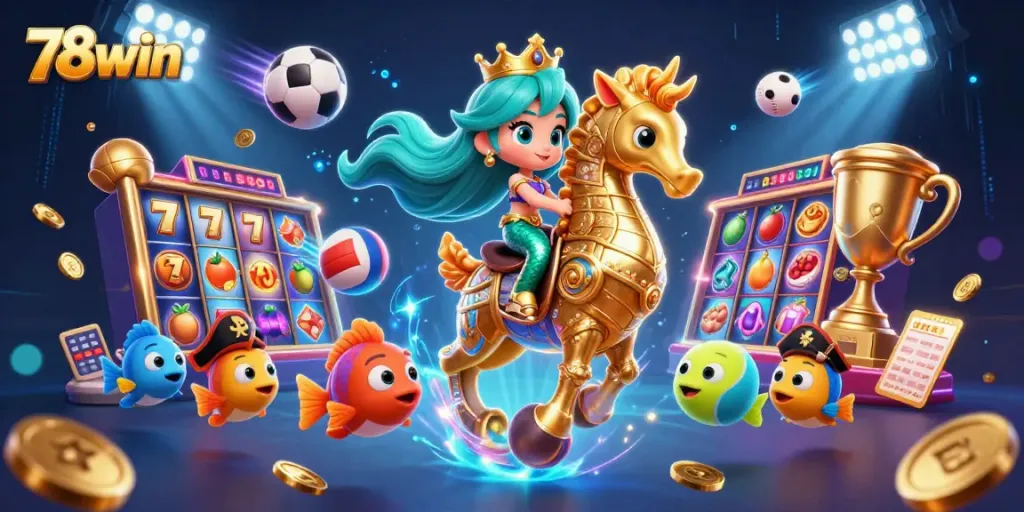 Take a winning ride with 78win as a mermaid princess and seahorse soar through a vibrant gambling realm.