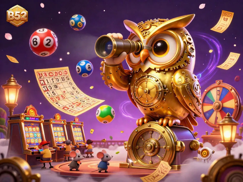 Experience vibrant gaming excitement with B52 as a golden owl watches over party elements in a casino.