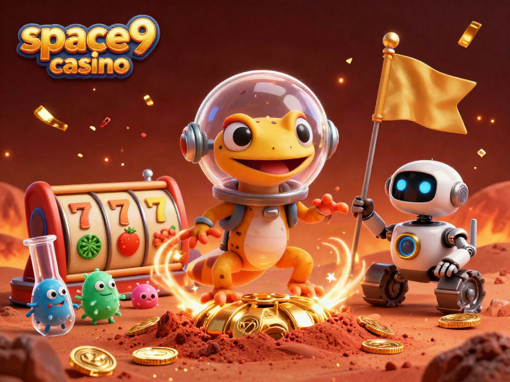 Spin at space9 casino with Martian gecko and festive slot elements in a vibrant 3D scene.