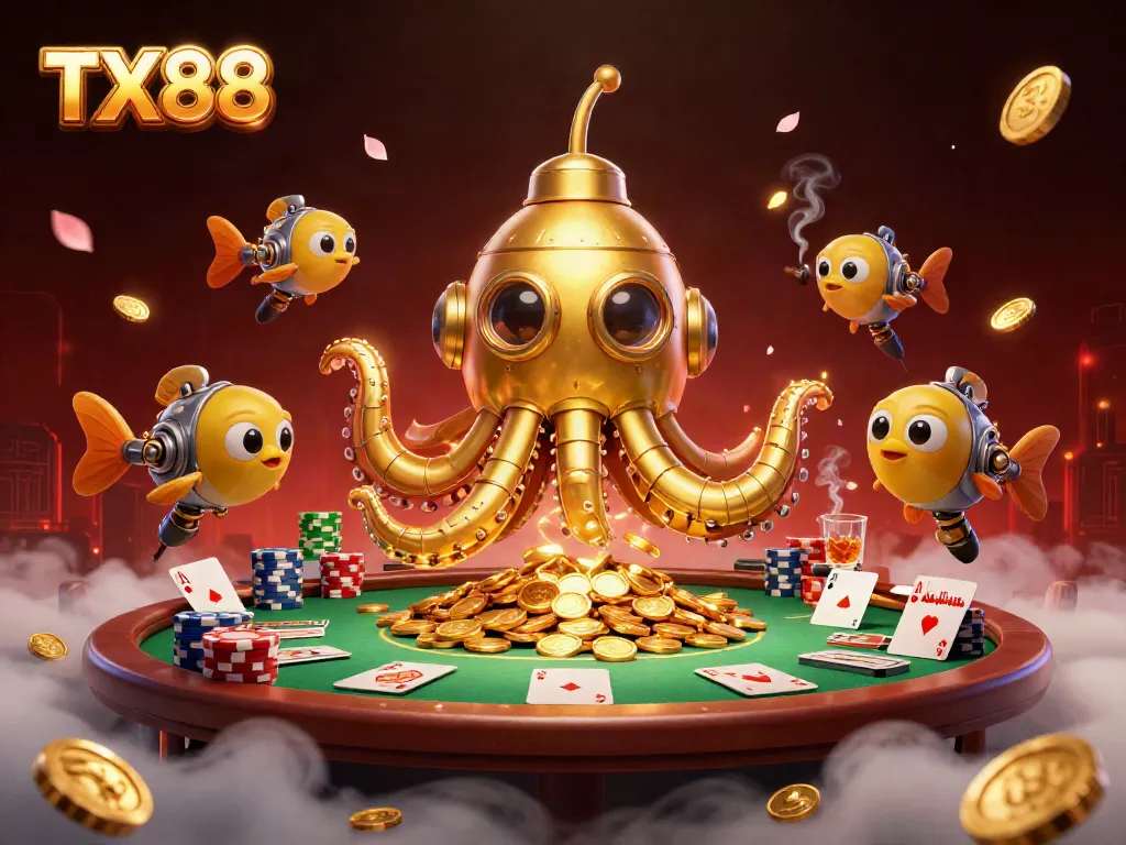 Engage with TX88 in a vibrant scene of golden coins and poker excitement, showcasing a whimsical kraken and fish.