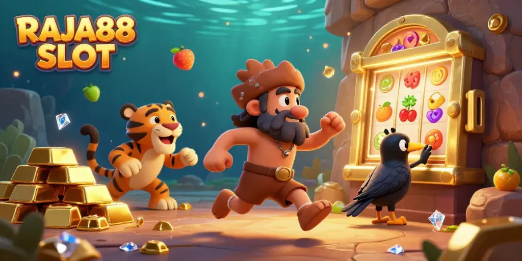 Experience thrilling gameplay with the RAJA88 SLOT amid treasures and vivid symbols in an energetic prehistoric casino.