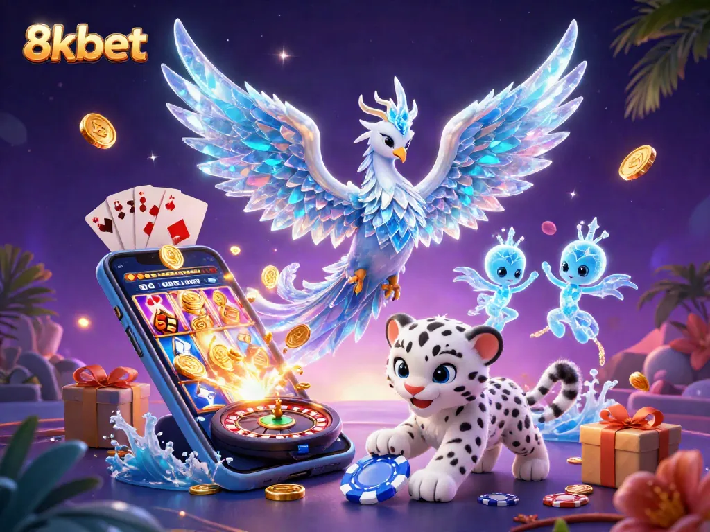 Engage with the vibrant offerings of 8xbet through this dynamic casino-themed illustration featuring captivating characters and games.