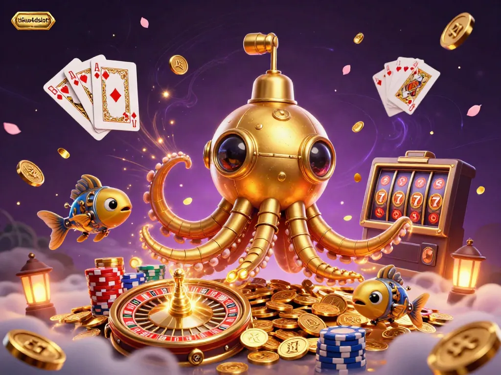 Experience the thrill of tikus4dslot with a captivating scene featuring a golden kraken and casino elements.