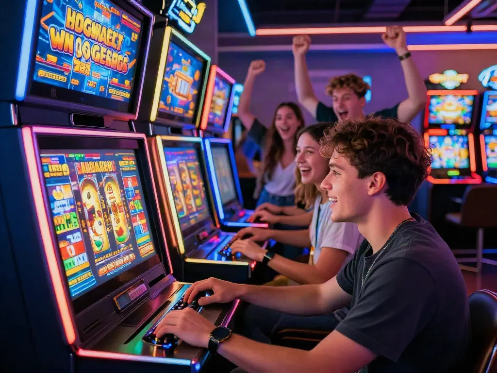 Excited gamers enjoying slot gacor machines in a vibrant arcade environment.