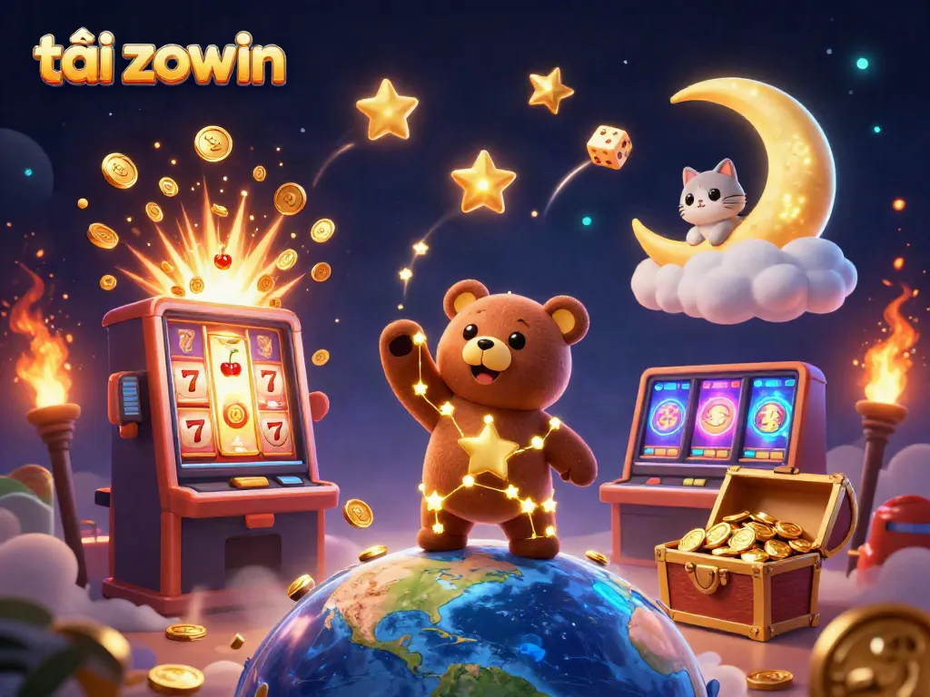 Spin and win with tải zowin, witnessing the constellation bear and festive slot machine in a cosmic celebration.