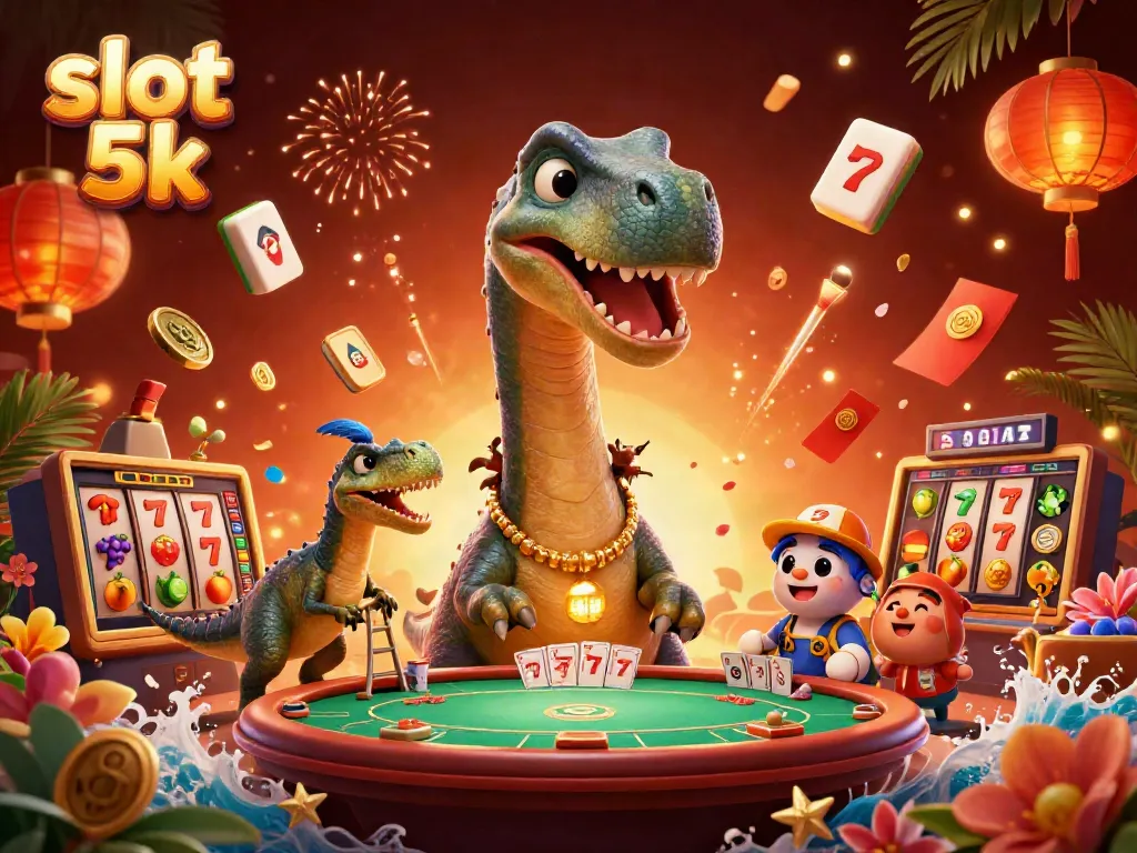 Experience slot 5k excitement with a vibrant 3D casino scene featuring animated characters and dynamic game elements.