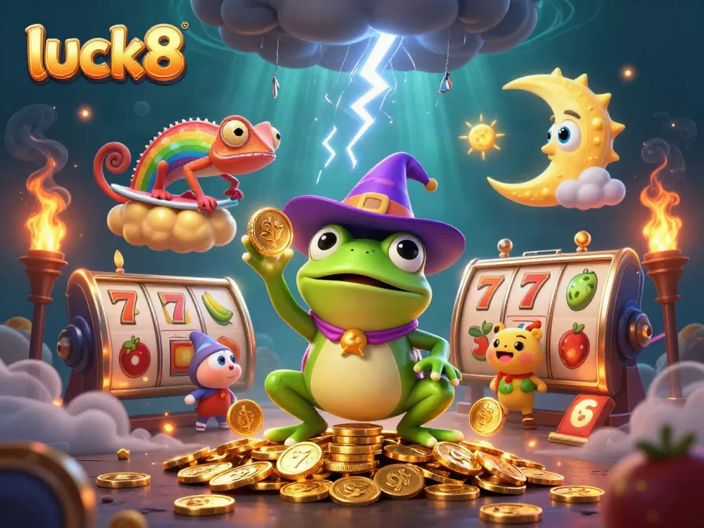 Experience the luck8 casino atmosphere with a vibrant 3D illustration of a frog and a chameleon enjoying a slot jackpot.