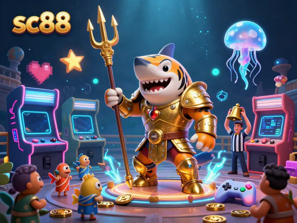 Experience the exciting underwater world of sc88 with a majestic shark in gladiator armor amidst energetic gaming elements.
