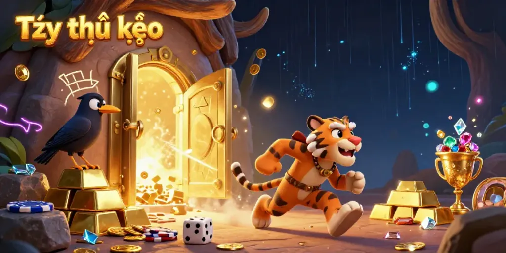 Experience Tỷ lệ kèo with a lively casino scene featuring cavemen and a sabertooth, surrounded by treasure and game elements.